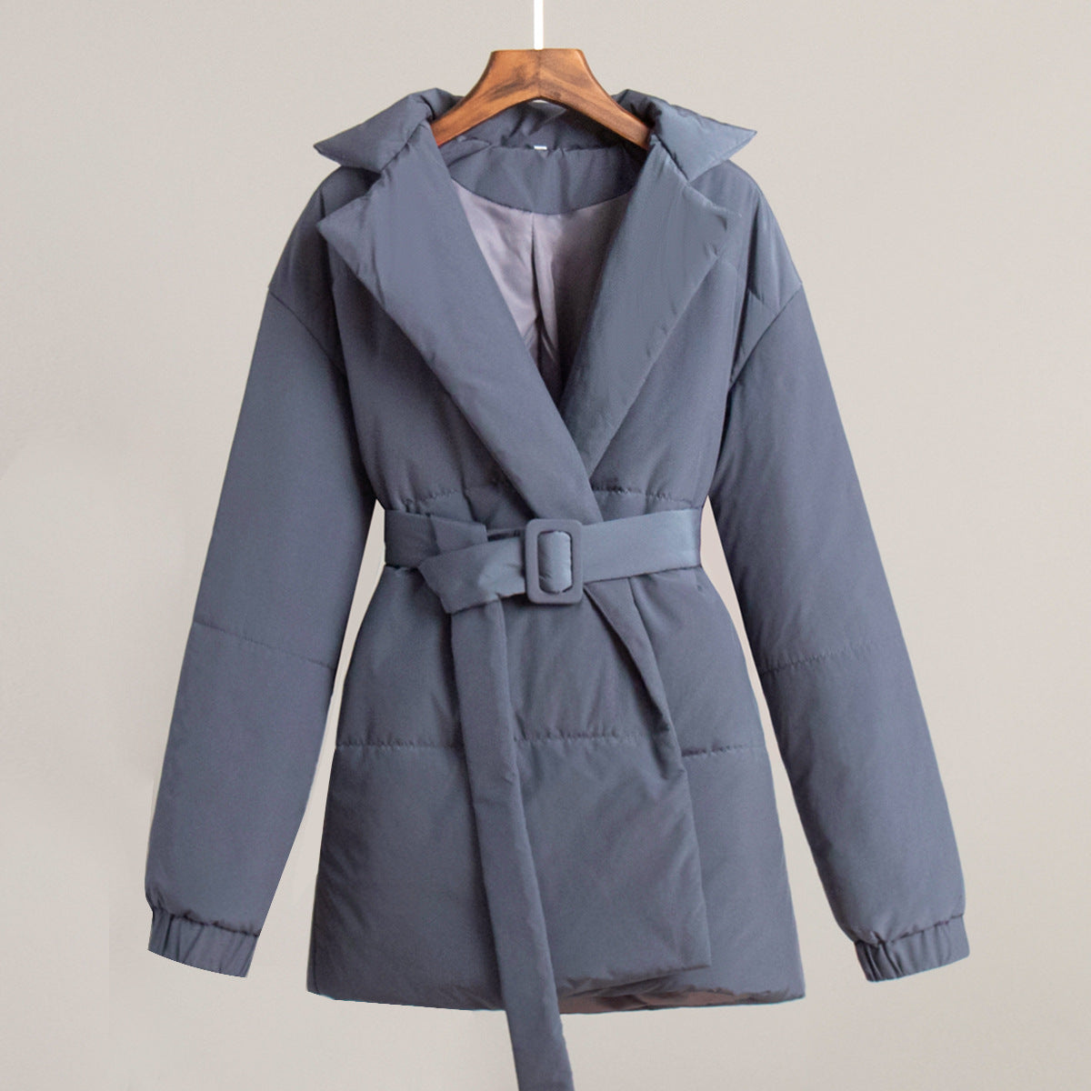 Lapel cotton clothes European and American winter new thickened and thin waist cotton clothes solid color belt cotton clothes jackets