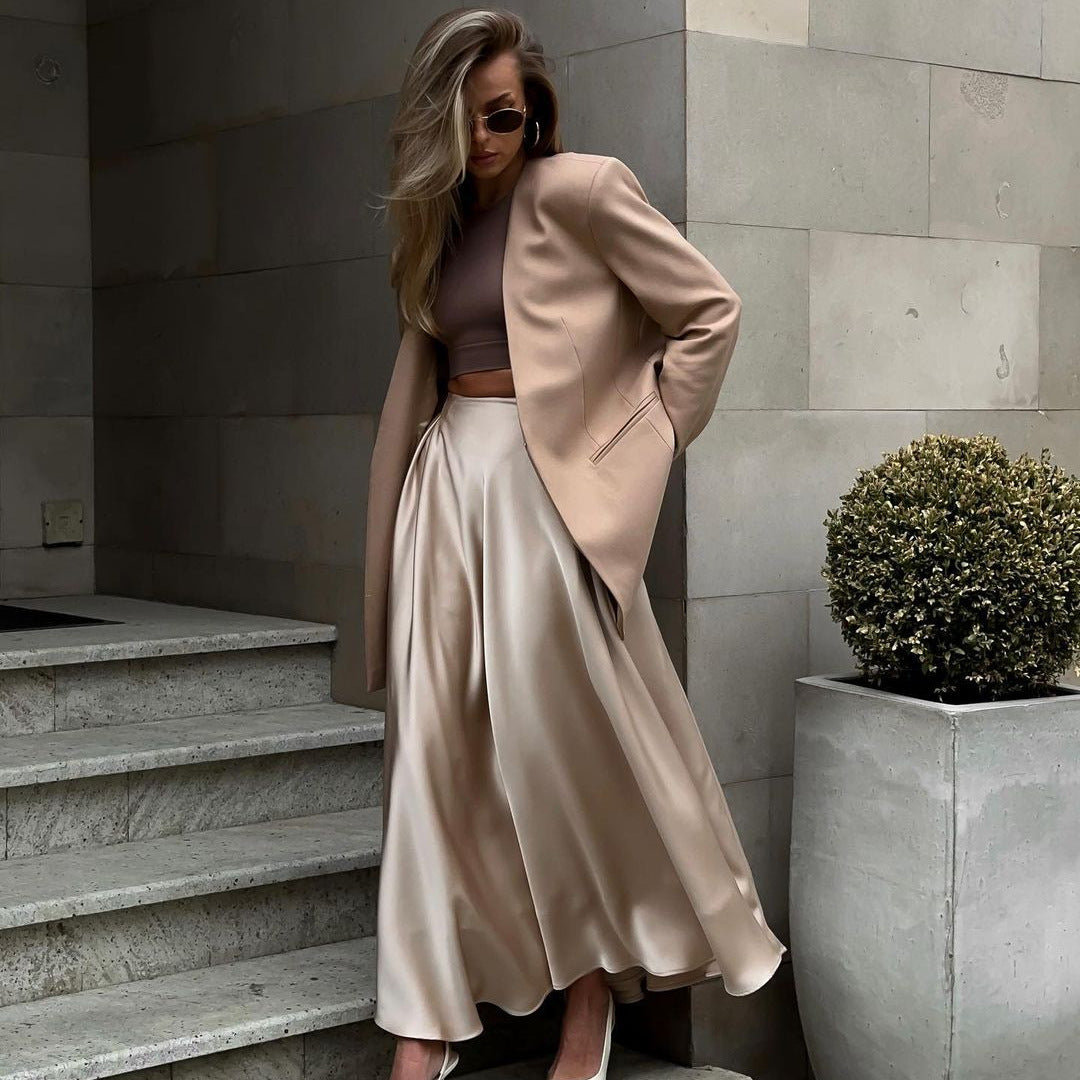 Bust skirt women's European and American summer new temperament elegant high waist satin satin satin long skirt  dress