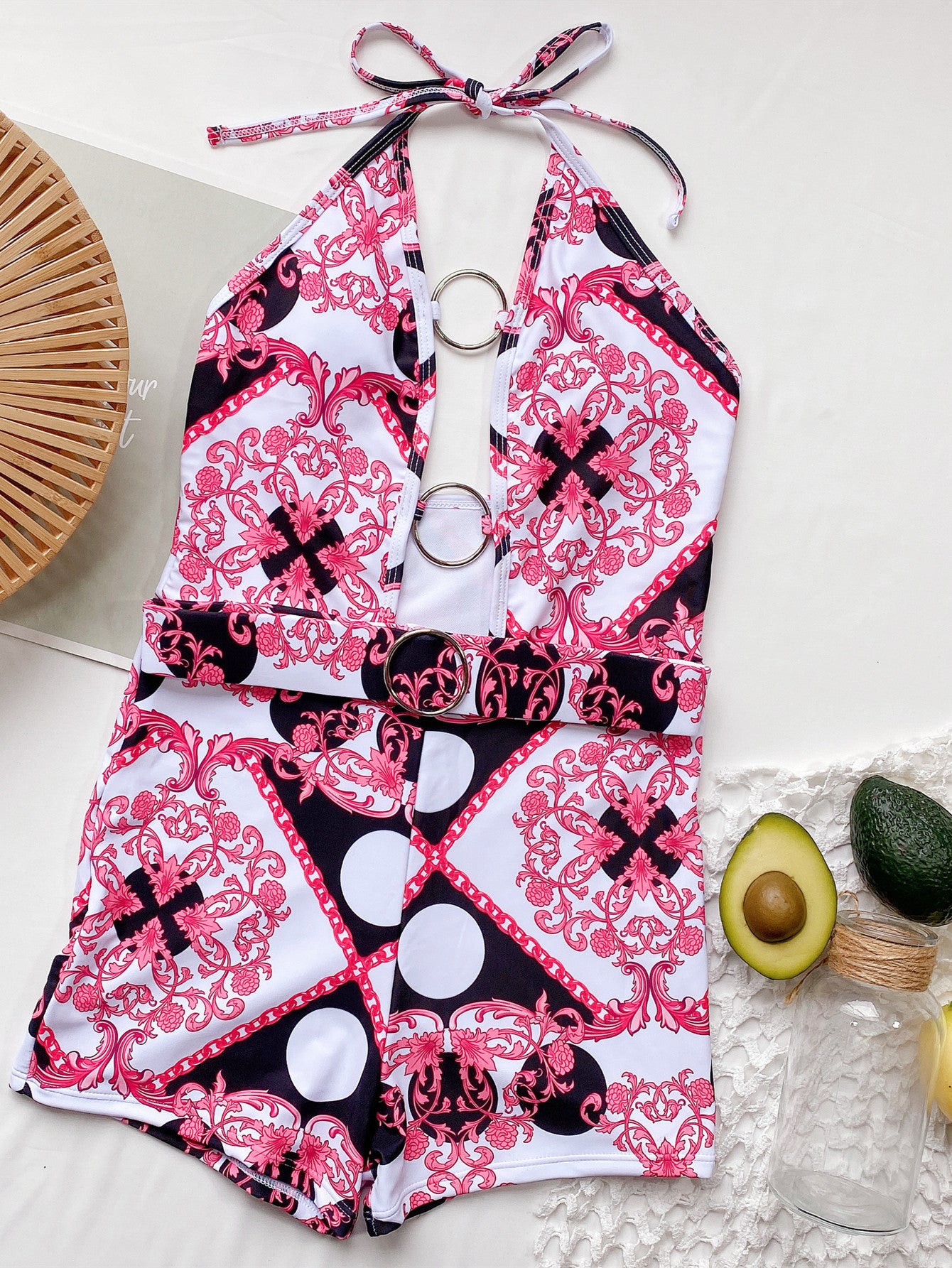 Bikini foreign trade new bikini  one-piece printed hollow strap one-piece swimsuits