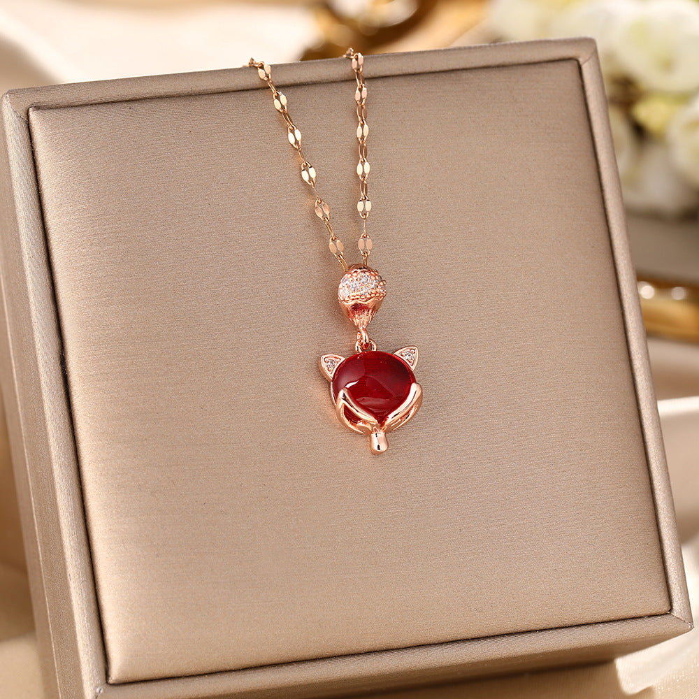 Douyin Internet celebrity titanium steel necklace female opal fox pendant trendy fashion collarbone chain diamond sweater chain jewelry