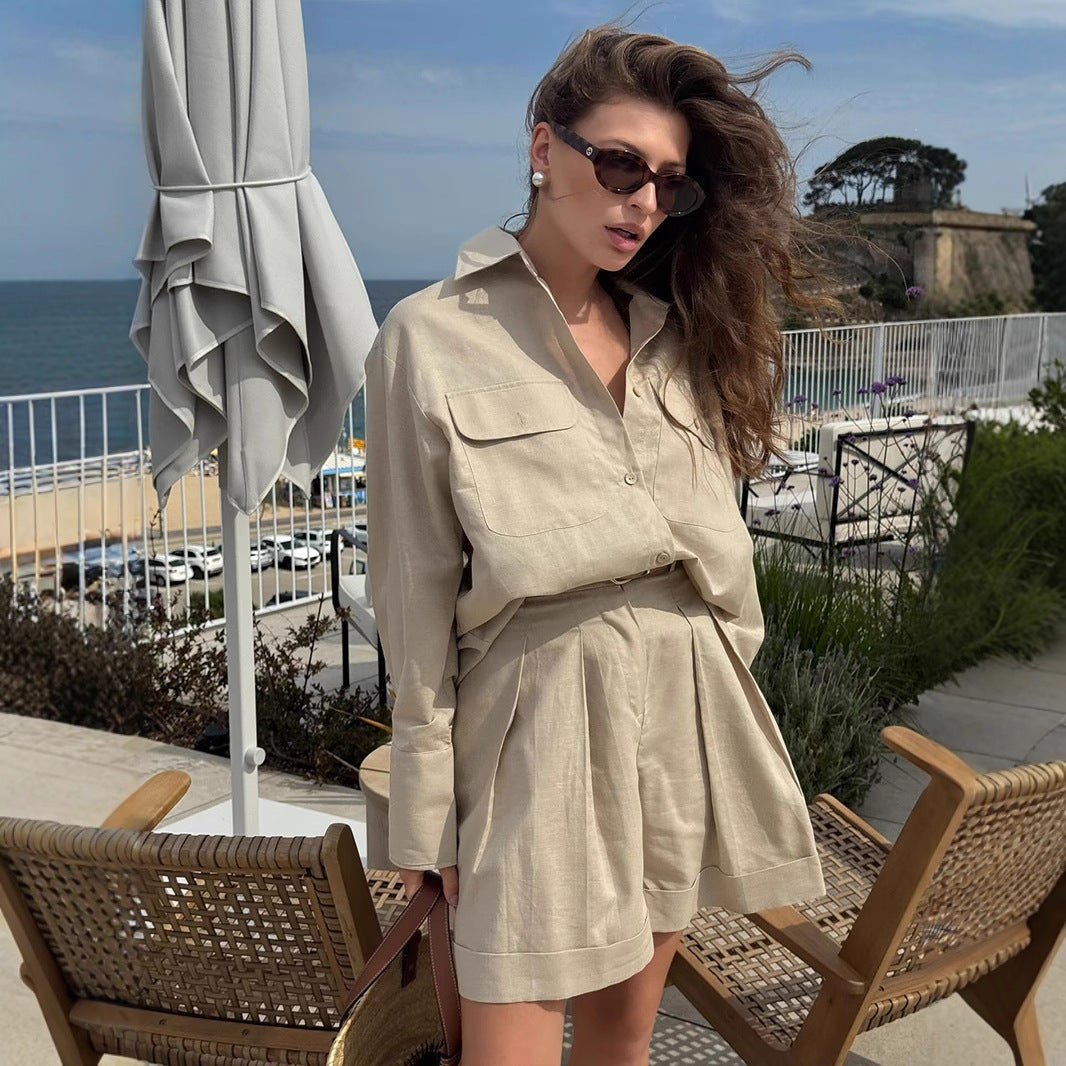 Cross-border pure cotton long-sleeved shirt shorts set women's European, American and summer new loose and breathable fashion casual suits