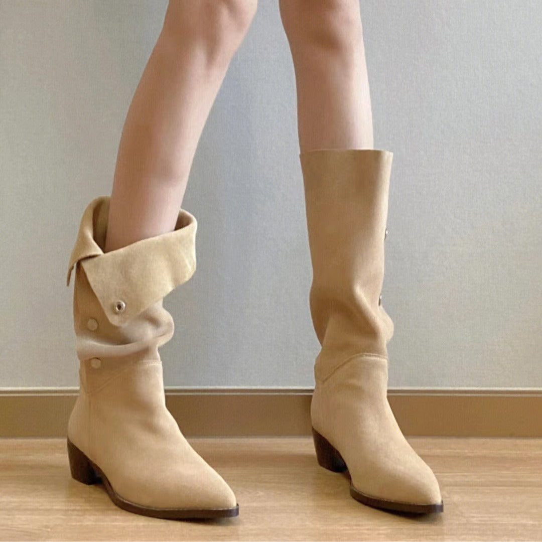 Retro temperament matte pile boots women's new one shoe two wear thick heel pleated boots pointed button medium boots