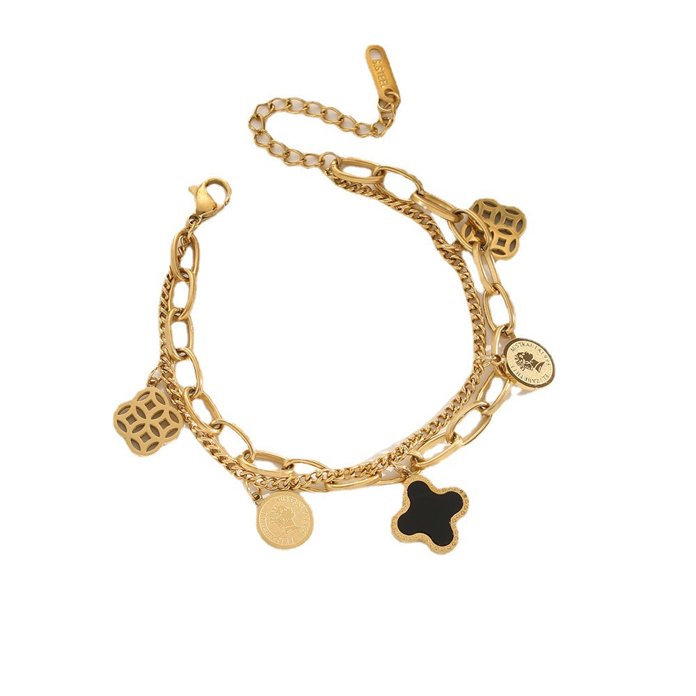 Cross-border hot sale Internet celebrity fashion titanium steel bracelet women's light luxury lucky four-leaf clover Emperor versatile hand jewelry does not fade
