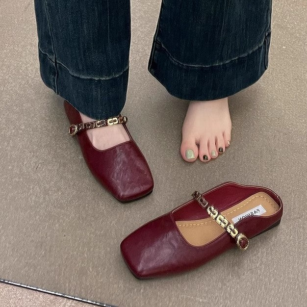 French bag head half slippers women's outer wear  spring and summer new Korean version square head flat bottom one pedal Mary Jane single shoes