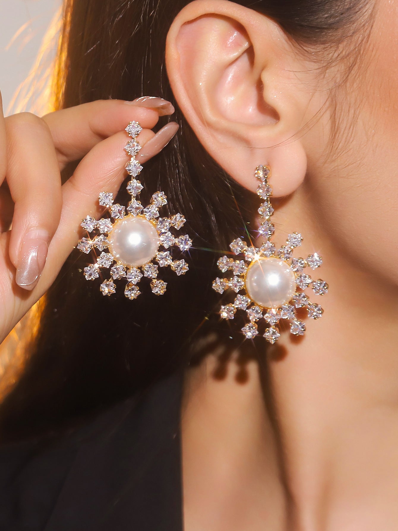 Dichka fashion geometric pearl zircon crystal long fringed earrings women's high-end luxury temperament stud earrings earrings