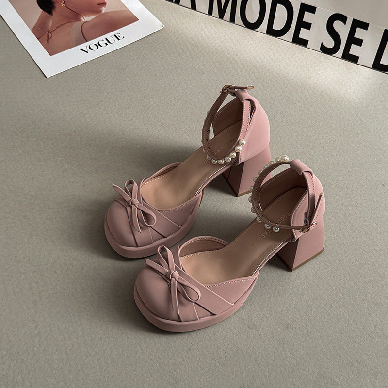 French bow thick heel Mary Jane shoes women new spring and summer fairy style with skirt sweet high heels beanie shoes