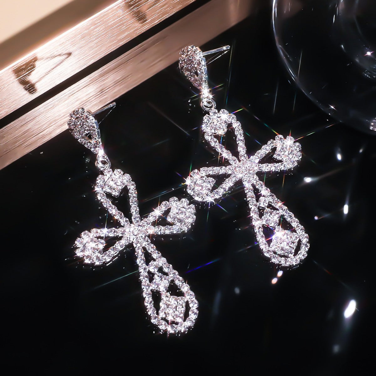 DINGKA high-end luxury flash diamond hollow cross long earrings women's temperament versatile earrings copper ear jewelry
