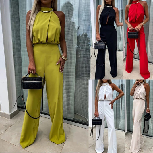cross-border summer European and American women's clothing ins new fashionable semi-turtleneck sleeveless slim jumpsuit  suits