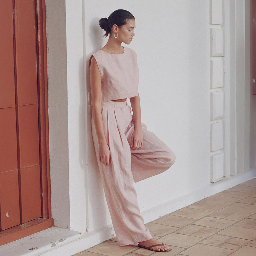 Linen vest trousers set European and American summer new sleeveless vest wide leg trousers casual suits