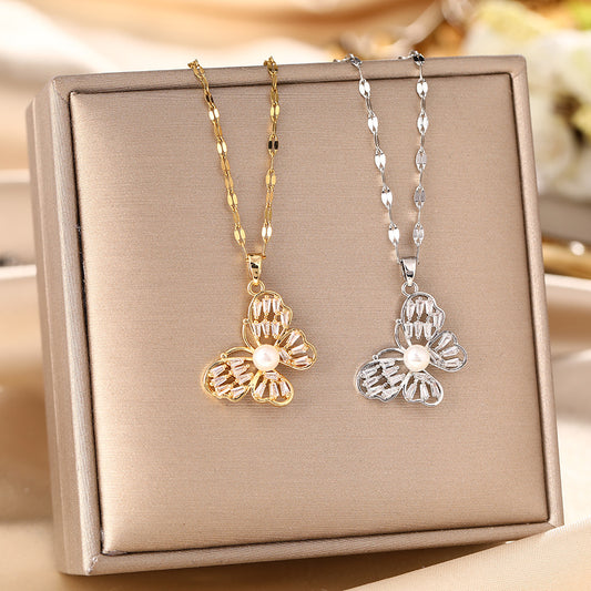 Pearl butterfly titanium steel necklace slightly inlaid with diamonds, exquisite versatile zircon light luxury, diamond-inlaid women do not fade collarbone chain