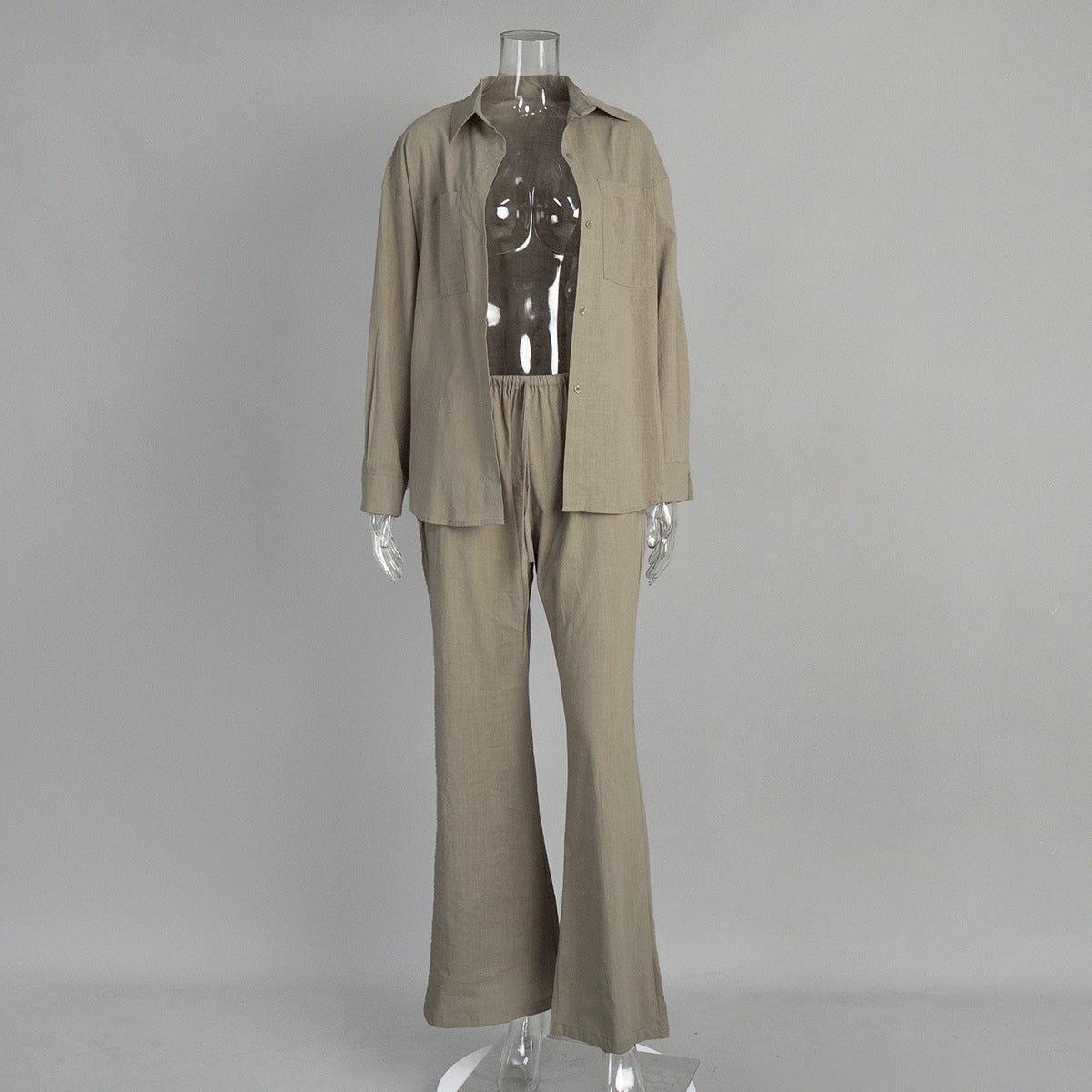 Pure cotton long-sleeved shirt wide-leg trousers set European and American summer solid color micro-pull trousers casual suits