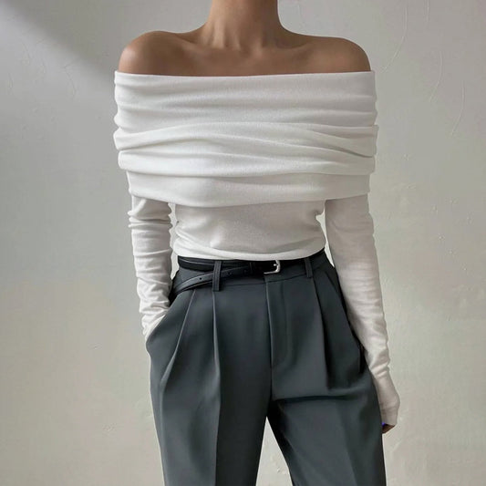 Cross-border new European and American style one-word shoulder temperament open shoulder design sense slim and thin chest-wrapped knitted sweater women