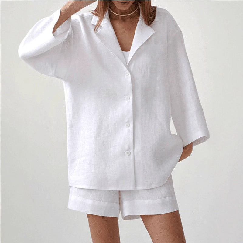 Pure cotton shorts set for women's European and American summer lapel loose single-breasted shirt + high-waisted straight-leg pants two-piece set   suits