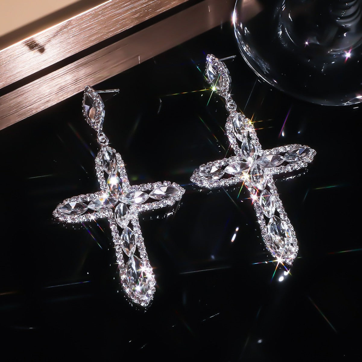 DINGKA Premium Sense Shiny Zircon Cross Long Earrings Women's Temperament Versatile Earrings Copper Ear Jewelry