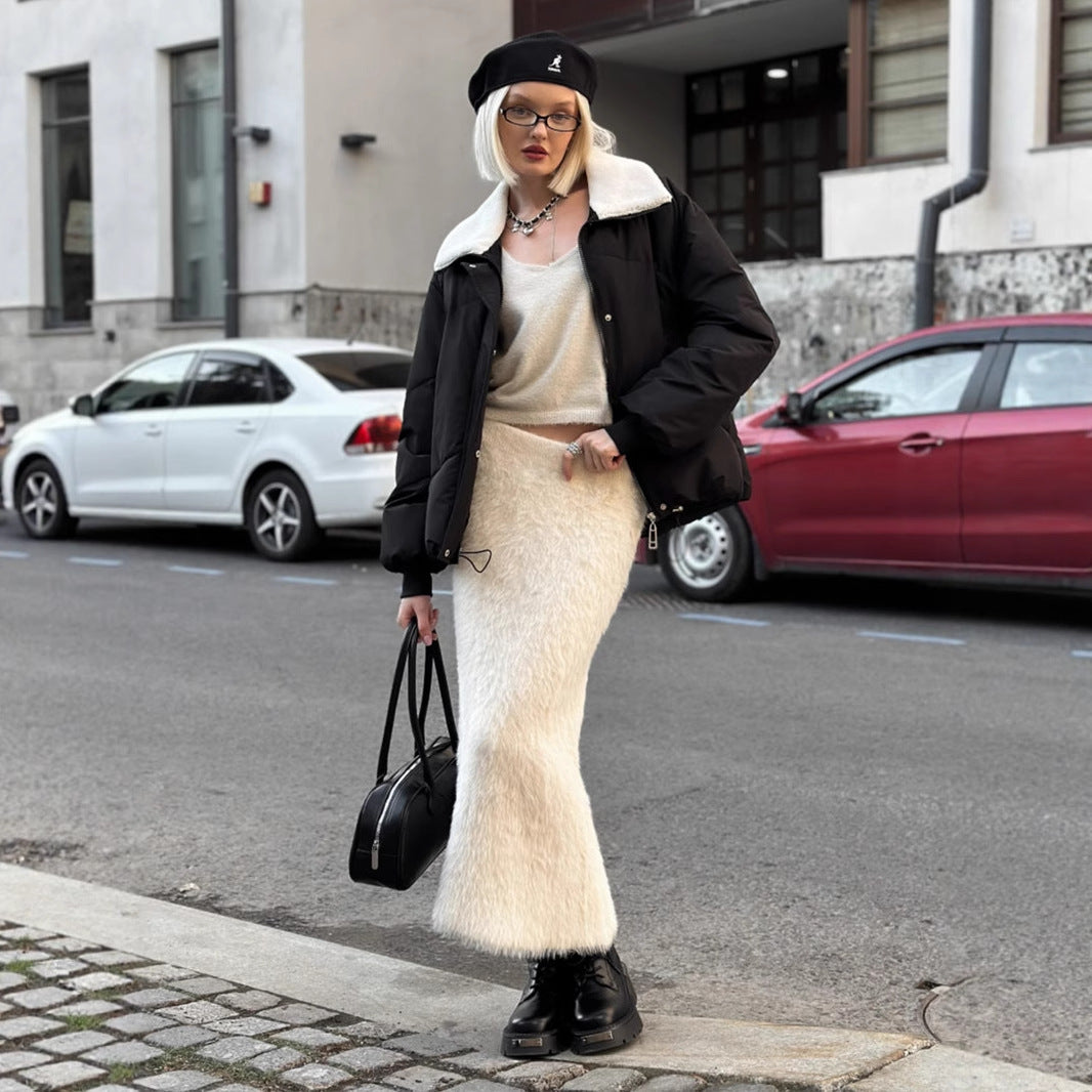 Knitted Mao Mao skirt European, American autumn and winter new long skirt Ins warm skirt women  dress