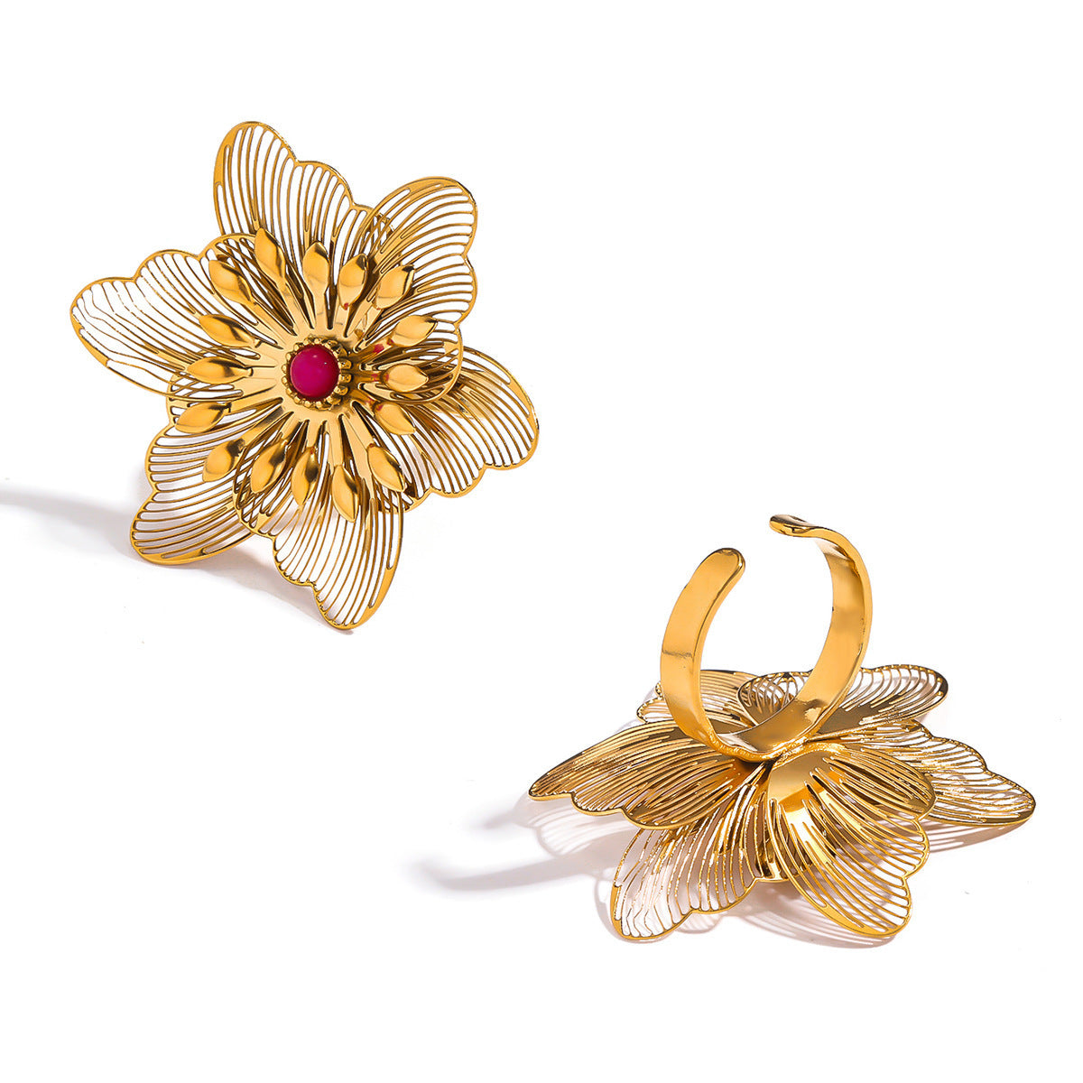 Malt stainless steel non-fading flower rings female three-dimensional opening design ring exaggerated European and American jewelry