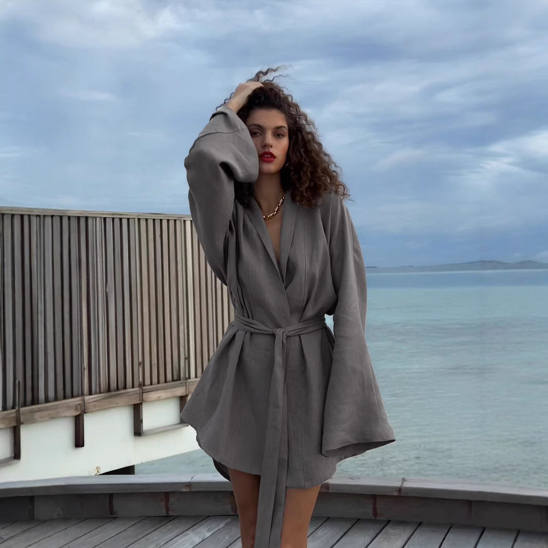 Cotton and linen robe dress women's European, American spring and summer new lace-up dress casual and comfortable beach dress   suits