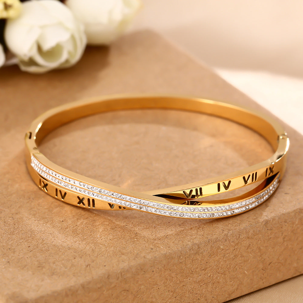 Europe and the United States cross-border e-commerce explosion Roman digital diamond-encrusted titanium steel bracelet women's high-end sense of non-fading hand jewelry wholesale