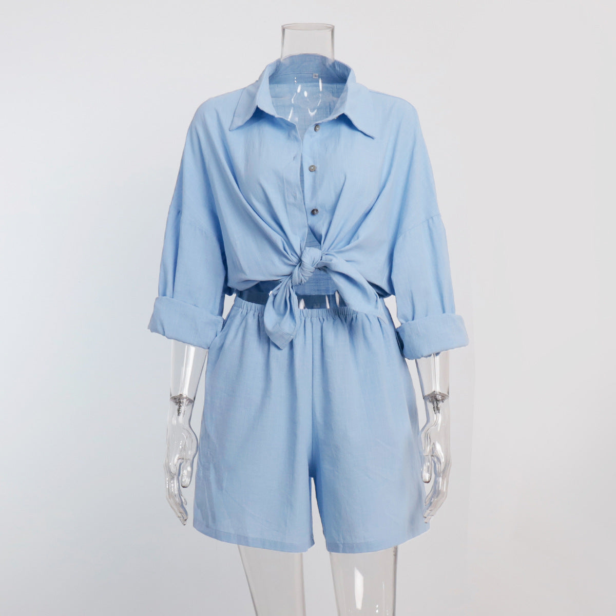 Shirt set European and American summer new women's vacation casual loose long-sleeved shirt + shorts set   suits