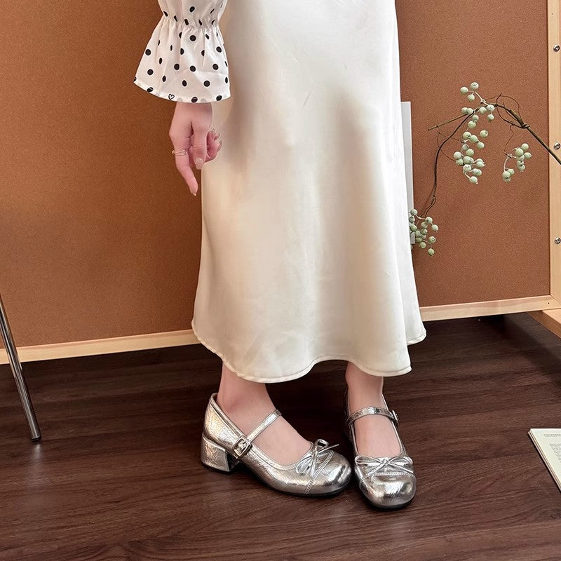 Retro casual high heels summer new fashion fairy leather shoes bow Mary Jane shoes French women's single shoes beanie shoes