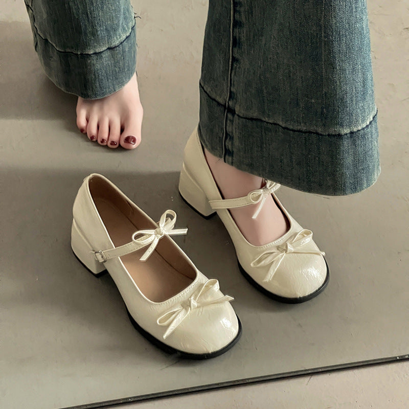 French silver thick high heel light mouth single shoes women's new spring and summer skirt JK Mary Jane shoe temperament beanie shoes