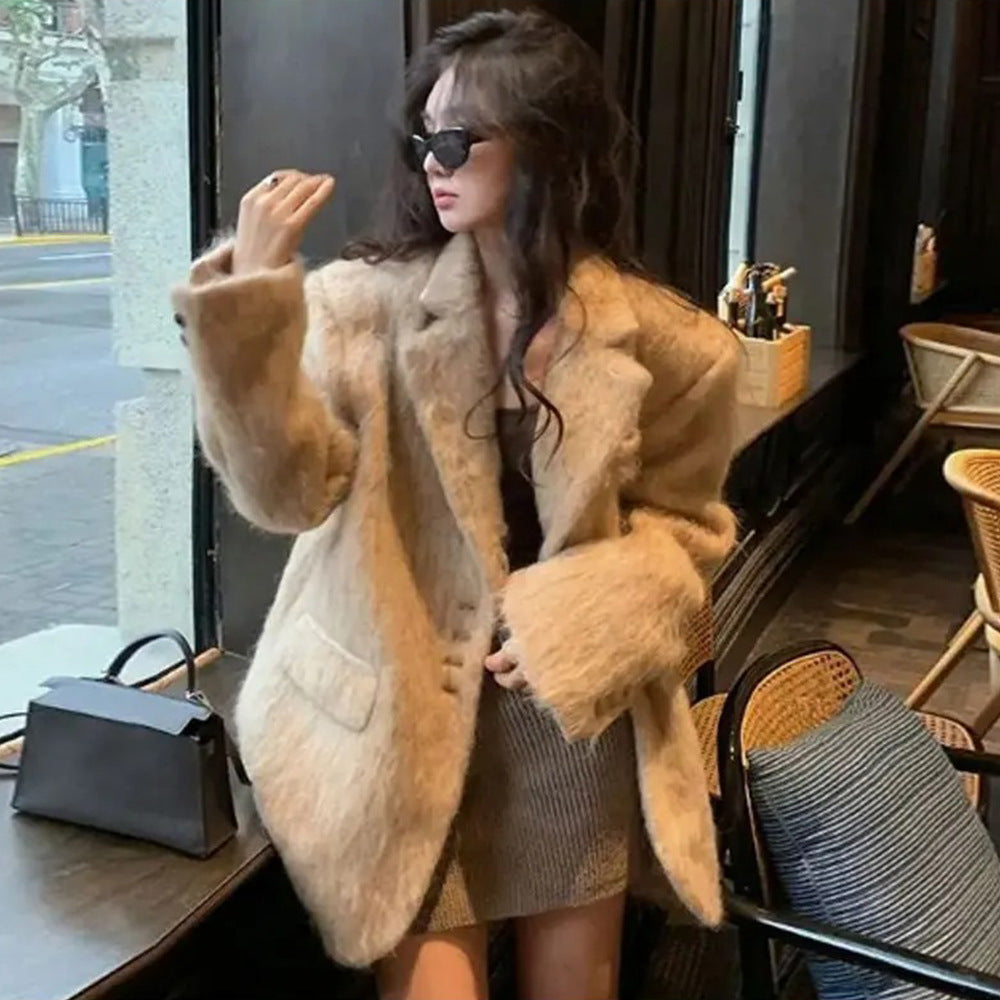 Celebrity style loose lapel plush jackets autumn and winter cross-border European and American INS explosion long-sleeved coat coat women