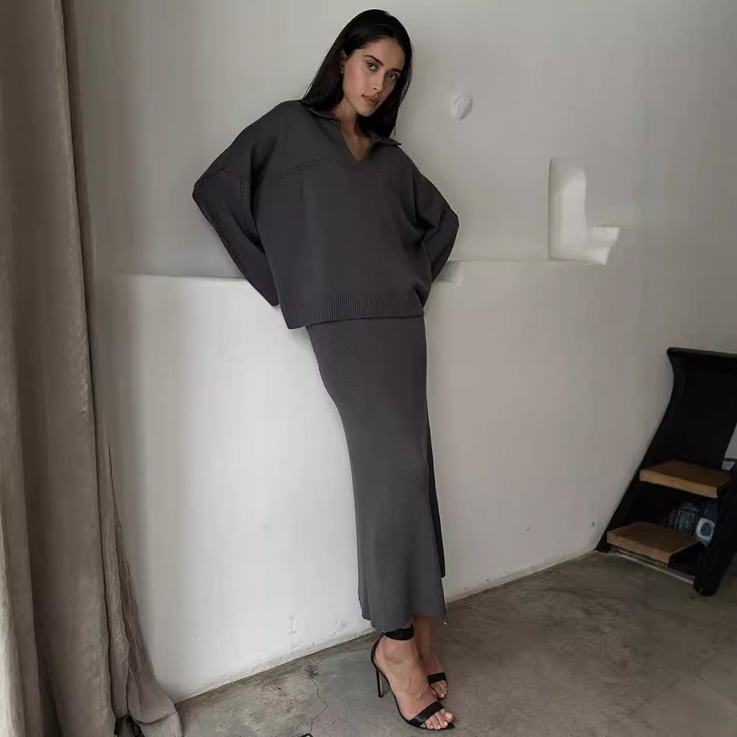 Cross-border knitted set Europe, America winter new fashion simple style V-neck knitted sweater skirt set  suits
