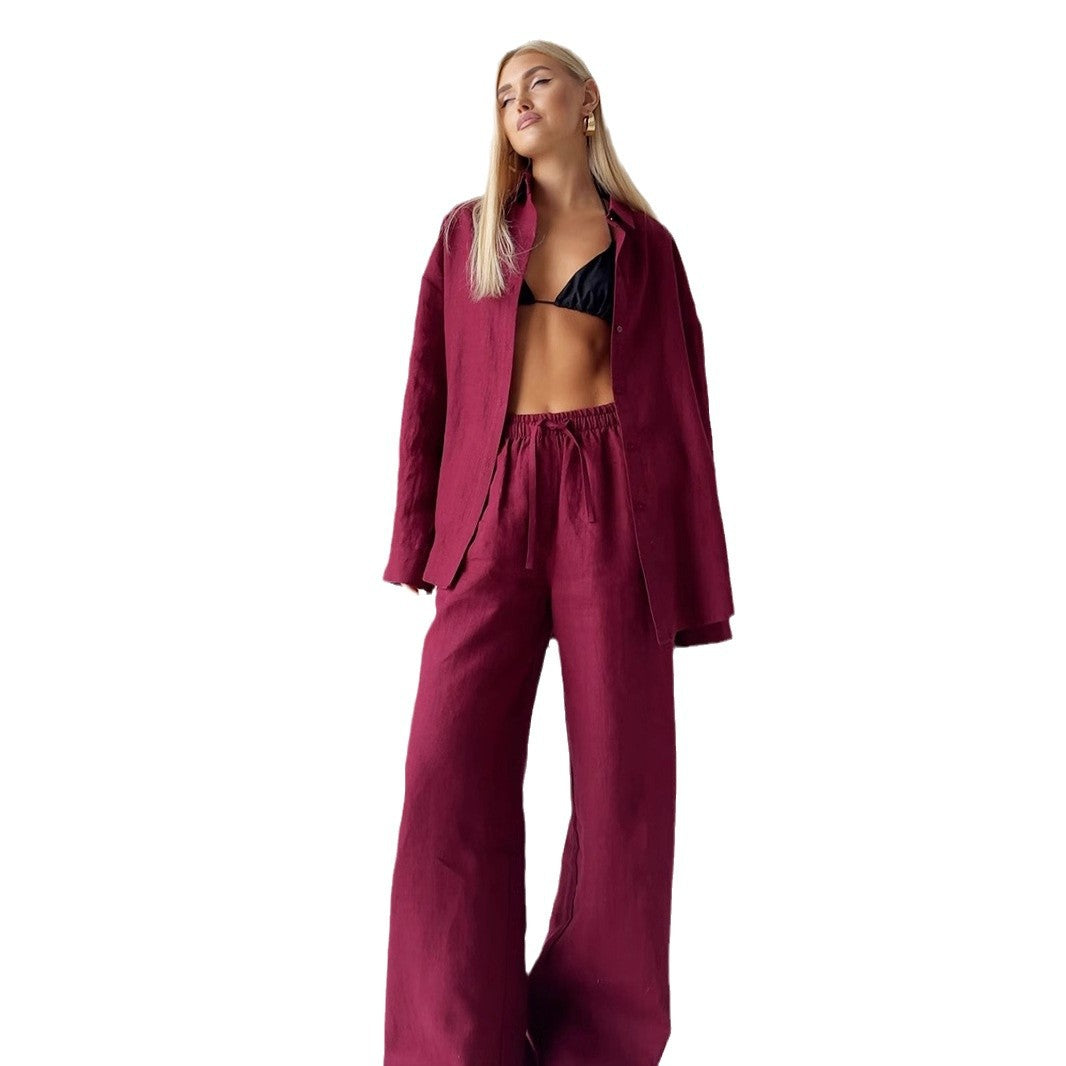 Pure cotton shirt trousers set European and American spring and summer new loose long-sleeved shirt casual suits women