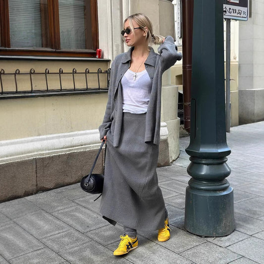 Knitted cardigan skirt set Europe, America 2025 autumn and winter Polo neck cardigan two-piece sweater set women