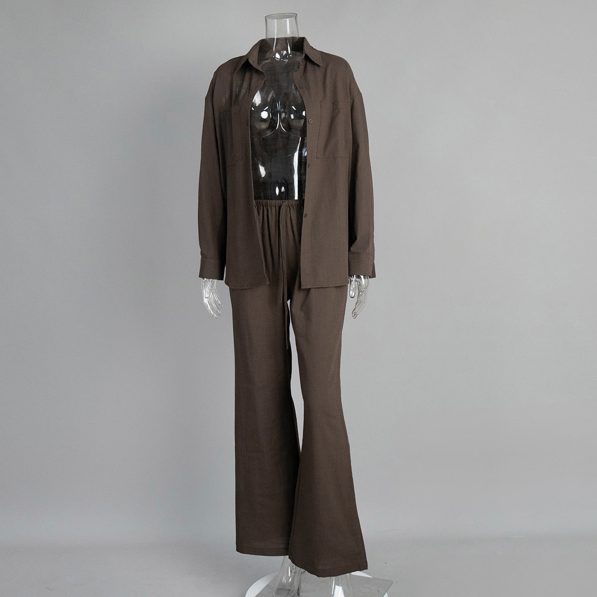Pure cotton long-sleeved shirt wide-leg trousers set European and American summer solid color micro-pull trousers casual suits