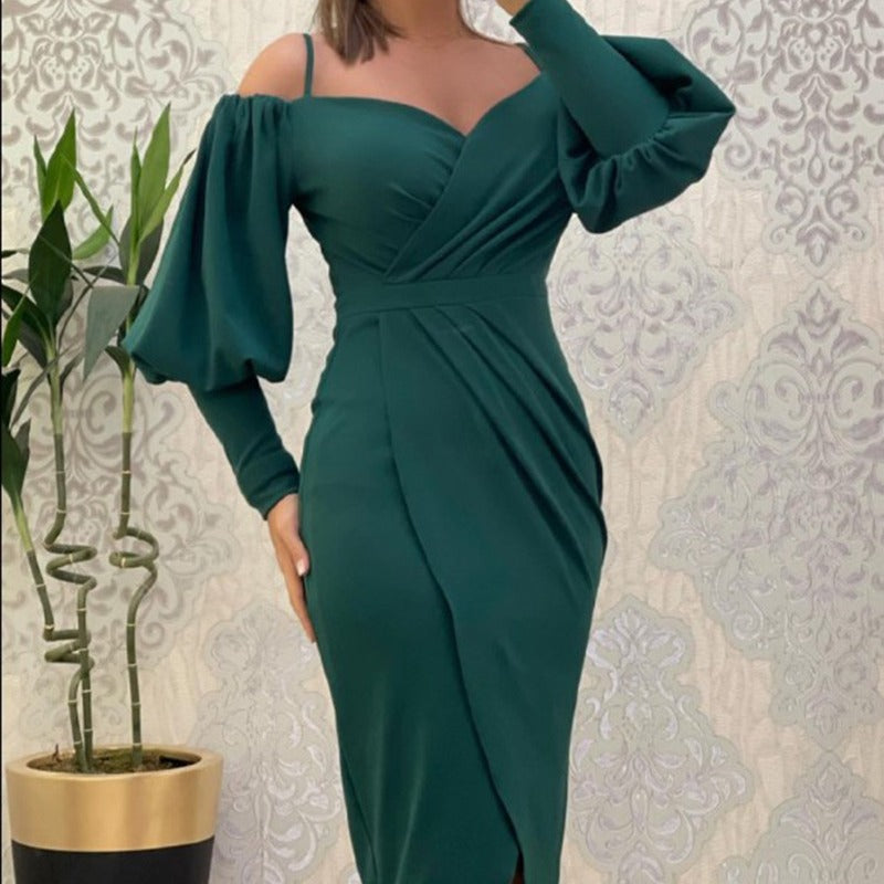 European and American cross-border new suspender one-word neck lantern long-sleeved waist pleated dress