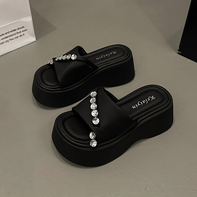 slippers women's summer wear fashion new rhinestone high-end thick-soled sandals flat-soled beach shoes women