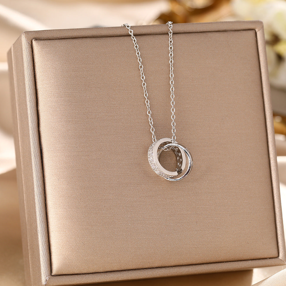 Japan and South Korea cross-border titanium steel necklace femininity versatile ring interlocking double ring micro-inlaid diamond short collarbone chain jewelry