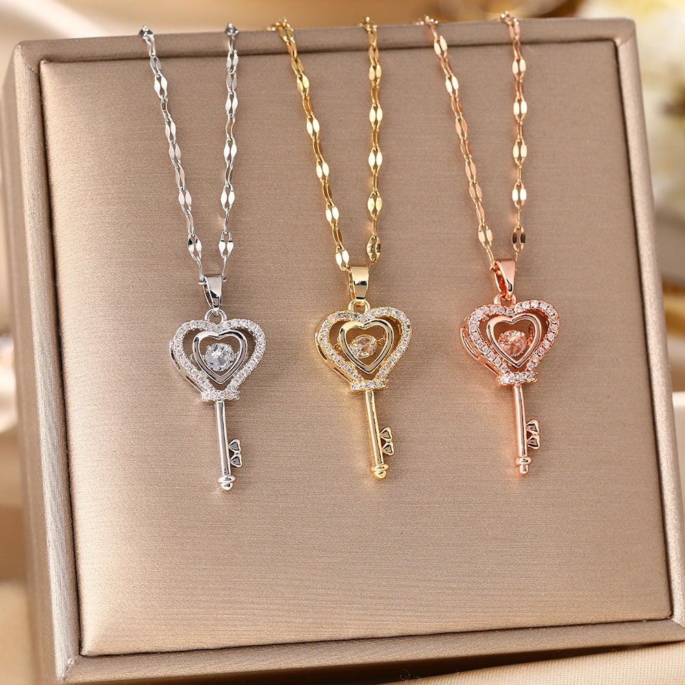 Japanese and Korean niche design sense smart key titanium steel necklace women's fashion love beating zircon Internet celebrity collarbone chain