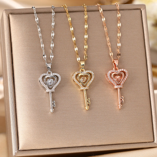 Japanese and Korean niche design sense smart key titanium steel necklace women's fashion love beating zircon Internet celebrity collarbone chain