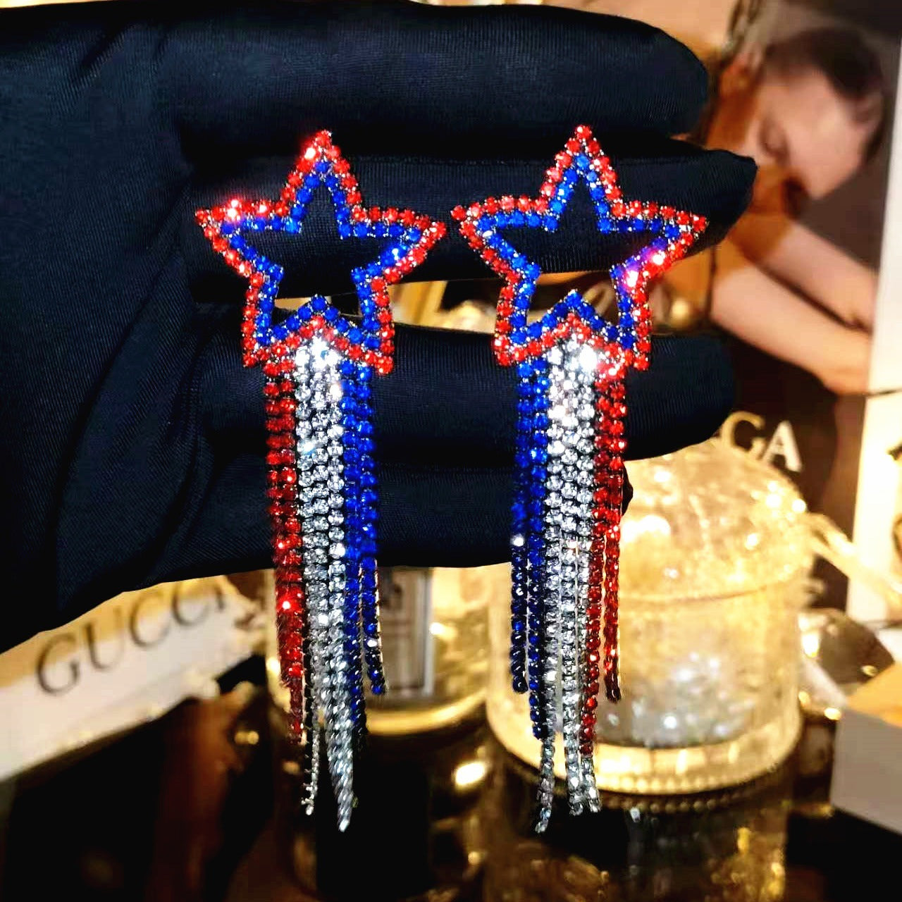 Fashion splicing long fringed earrings for women, all-copper imported rhinestone pentagram ear jewelry