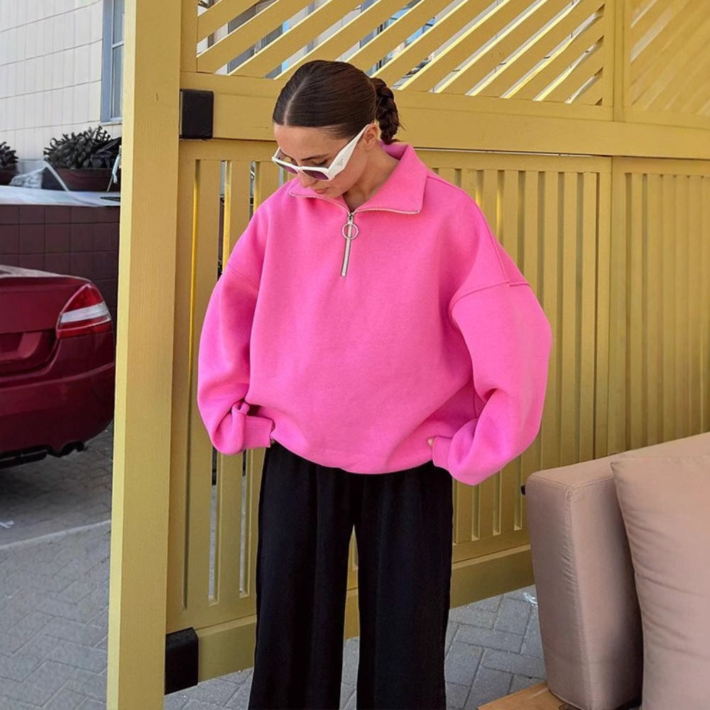 Lapel sweater European, American autumn and winter women's neutral style fashion street trend loose lapel zipper sweater
