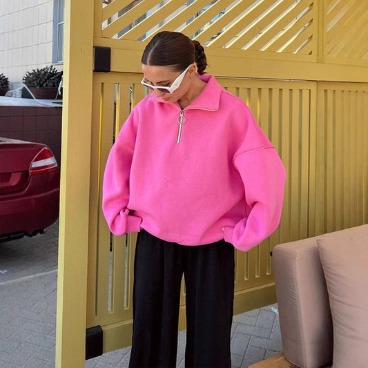 Lapel sweater European, American autumn and winter women's neutral style fashion street trend loose lapel zipper sweater