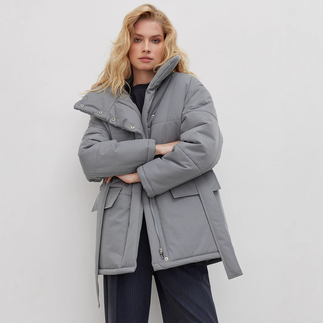 Stand-up collar cotton jacket European, American autumn and winter new temperament belt irregular medium and long cotton jackets