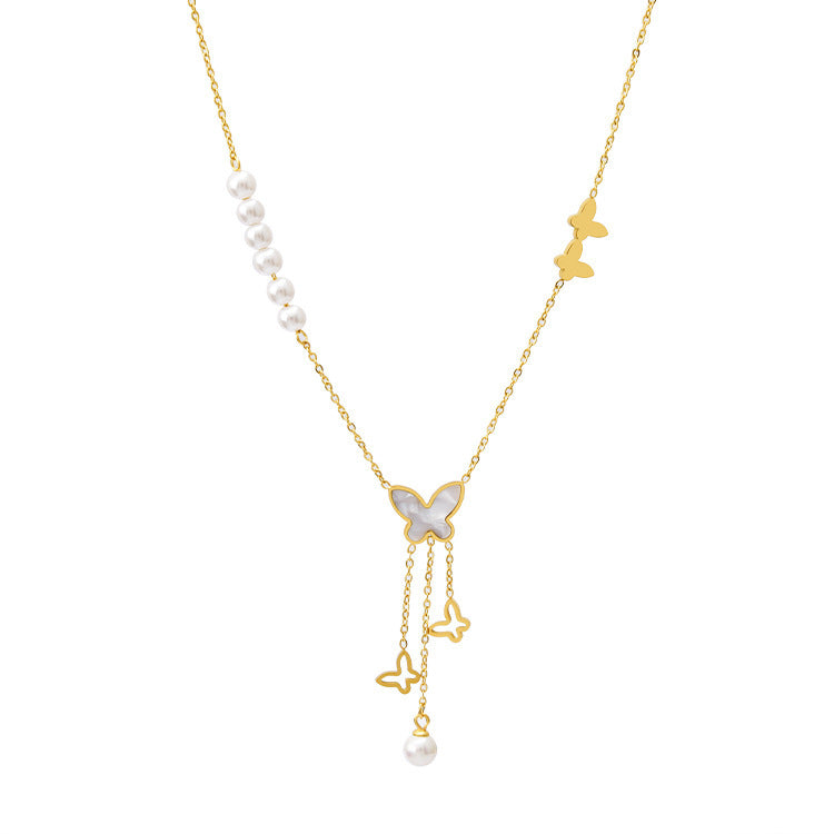 Korean version of white shell butterfly pearl necklace women's titanium steel hollow long fringe pendant fashion collarbone chain jewelry does not fade