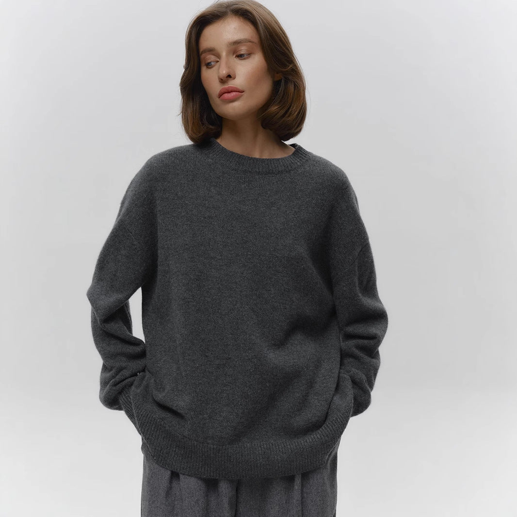 Crew neck dark sweater European, American autumn and winter new loose warm simple pullover solid color knitted sweater
