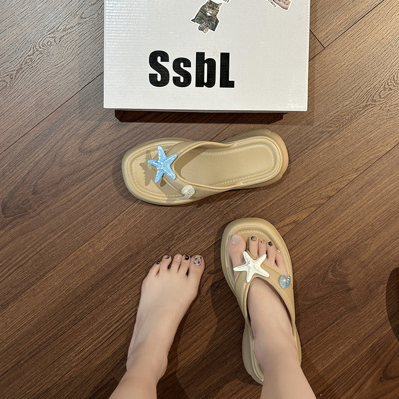 Star flip-flops women's outer wear  summer new thick-bottomed sweet heightening muffin and seaside beach cool slippers