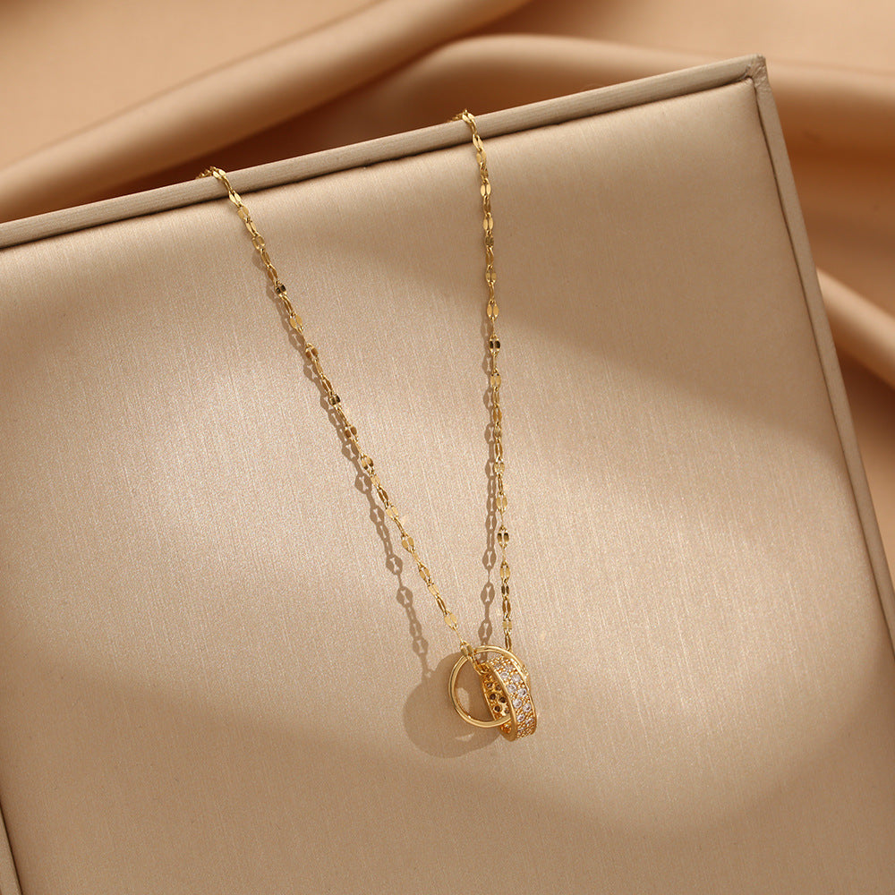 Japan and South Korea cross-border titanium steel necklace femininity versatile ring interlocking double ring micro-inlaid diamond short collarbone chain jewelry