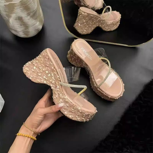 Thick-bottomed wedge slippers women's  new summer outer wear fashion sequins transparent one-word set toe high-heeled sandals women