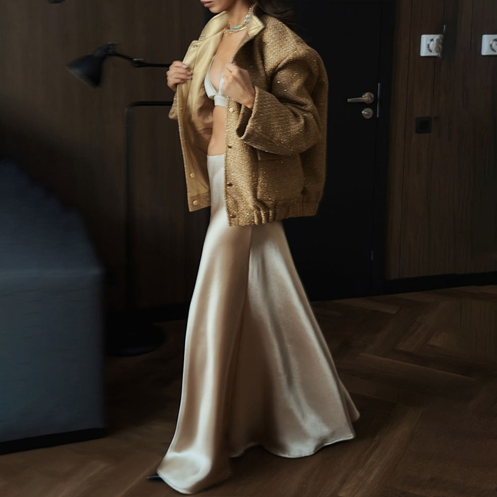 Cross-border gold silk bead jacket European and American new INS new fashion sequined stand-up collar loose jacket  clothes  coat