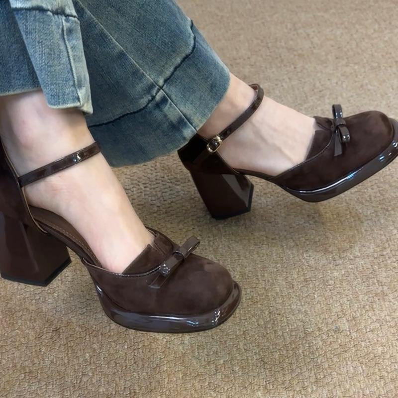 New Chinese retro versatile Mary Jane single beanie shoes women's outer wear  spring new temperament bow high heels