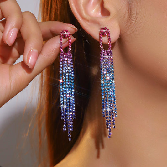 DINGKA banquet accessories, high-end luxury full diamond long fringed earrings, fashionable temperament women's stud earrings
