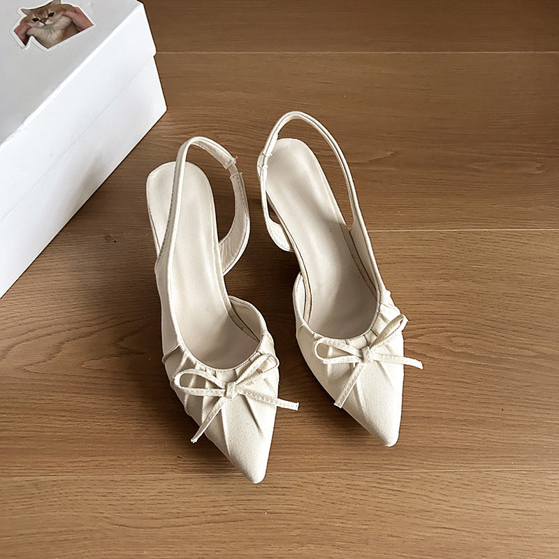 French temperament pointed head wrinkled  head empty sandals women's  spring new bow gentle high heel single shoes