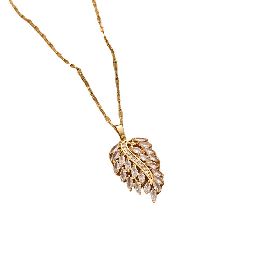 Titanium Steel Necklace Female Leaf Copper Inlaid Zircon Pendant Feather Leaf Clavicle Chain Love Wing Ornament