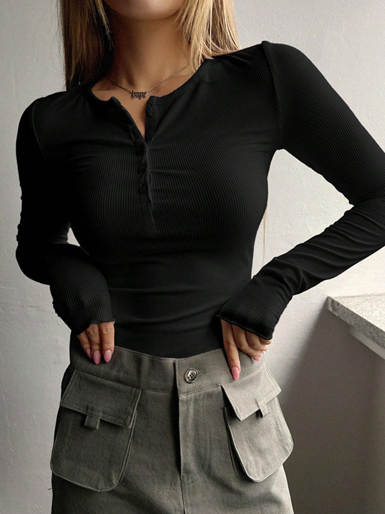 Autumn and winter women's new button ribbed slim knitted fir  T-shirts